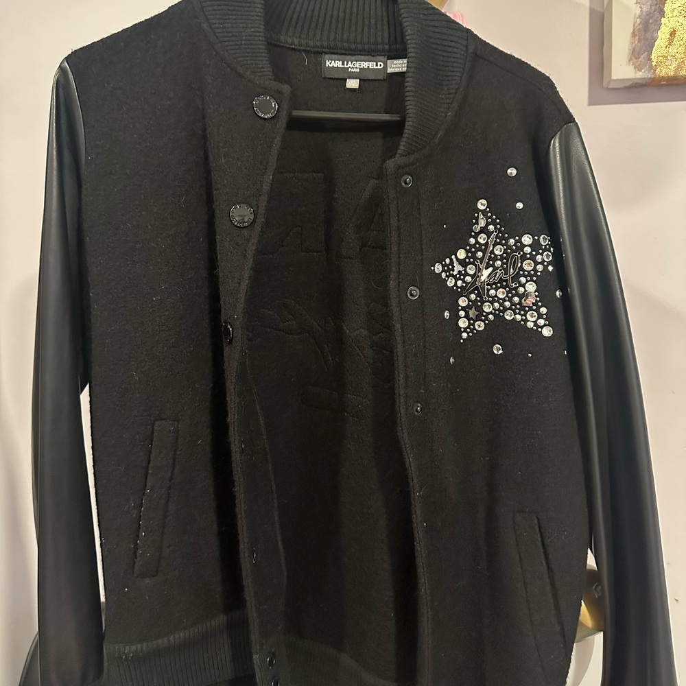 Karl Lagerfeld Black Varsity Jacket Leather Sleeve